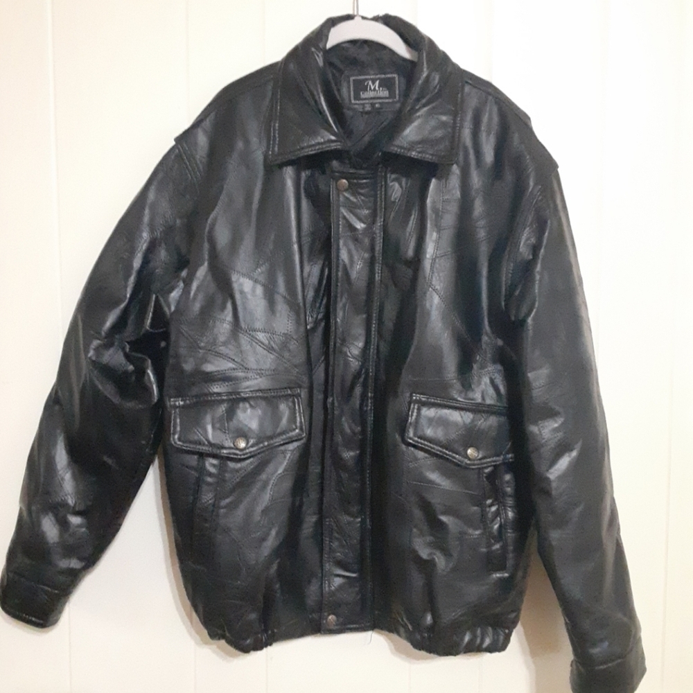 M. Collection FLAWED Mens Size XL 100% genuine leather Patchwork bomber jacket